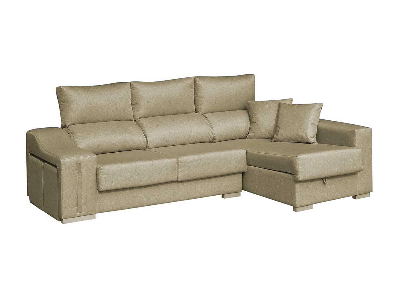 Sofá chaiselongue Ares 3 plazas con arcón y 2 taburetes tela nevada beige frente derecha