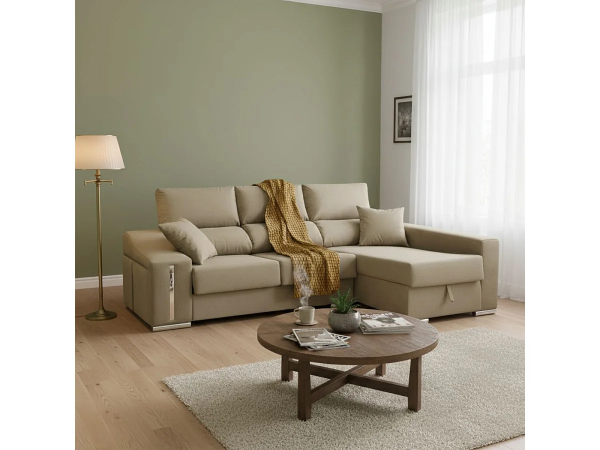 Sofá chaiselongue Ares 3 plazas con arcón y 2 taburetes tela nevada beige frente derecha