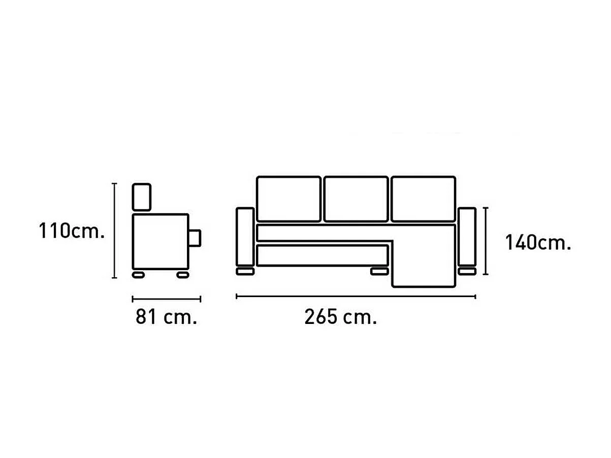 Sofá chaiselongue Ares 3 plazas con arcón y 2 taburetes tela nevada beige frente derecha