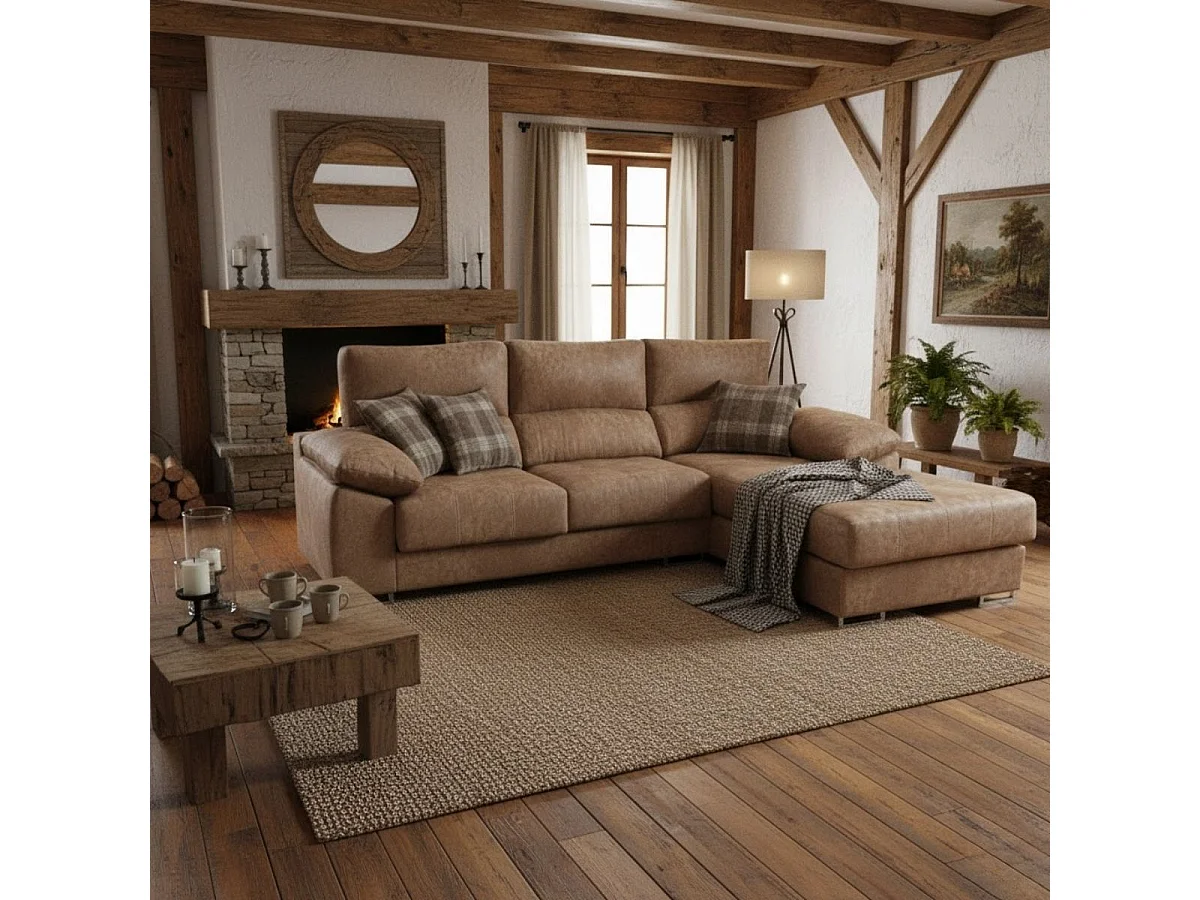 Sofá chaiselongue derecha Paolo 3 plazas con USB tela Opera marrón claro 300 cm