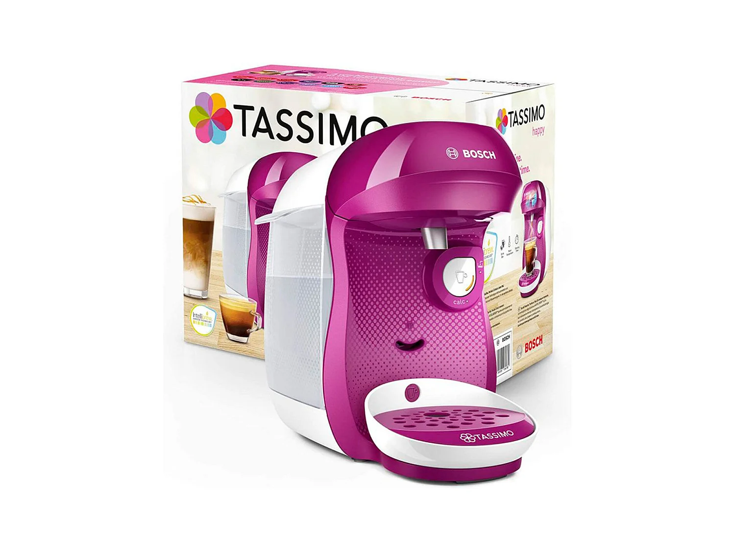 Cafetera multibebida Tassimo Happy Bosch 0,7L con lector de código inteligente blanco/rosa