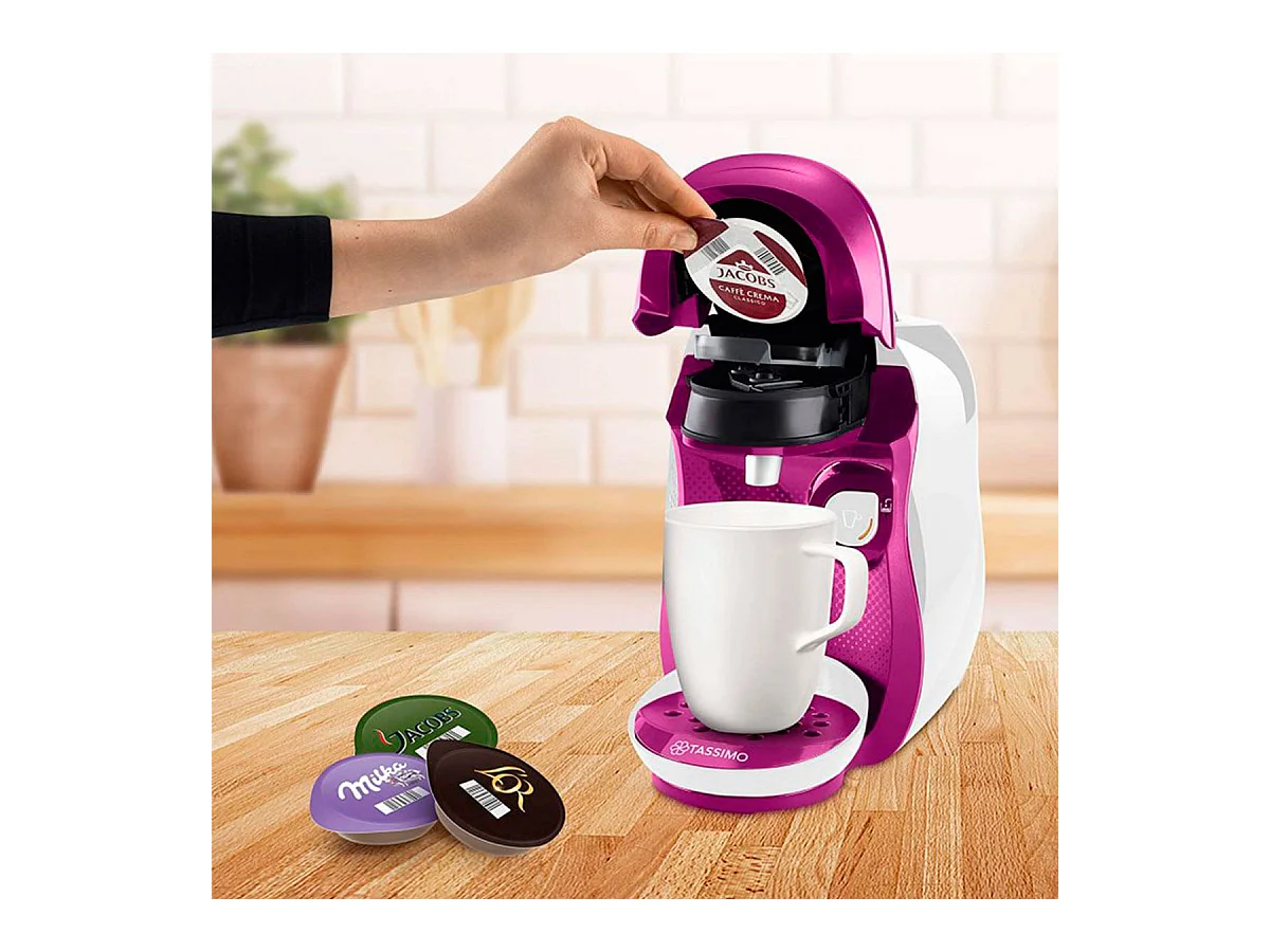 Cafetera multibebida Tassimo Happy Bosch 0,7L con lector de código inteligente blanco/rosa