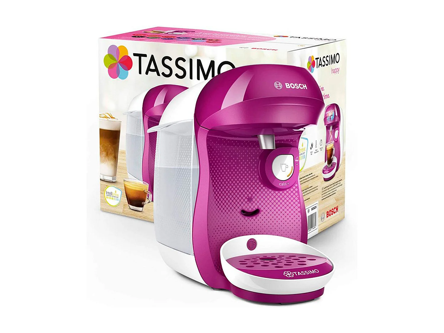 Cafetera multibebida Tassimo Happy Bosch 0,7L con lector de código inteligente blanco/rosa