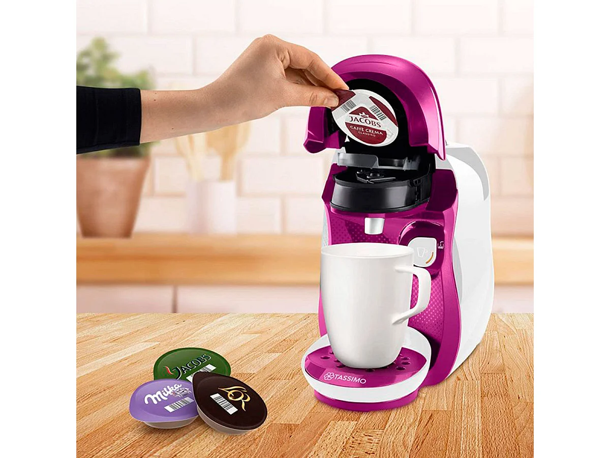 Cafetera multibebida Tassimo Happy Bosch 0,7L con lector de código inteligente blanco/rosa