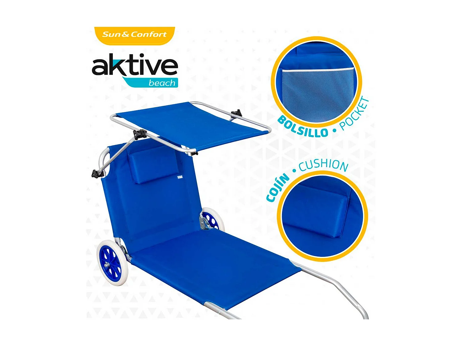Tumbona/carrito 2 en 1 Aktive Beach plegable con ruedas azul 62x62x117 cm