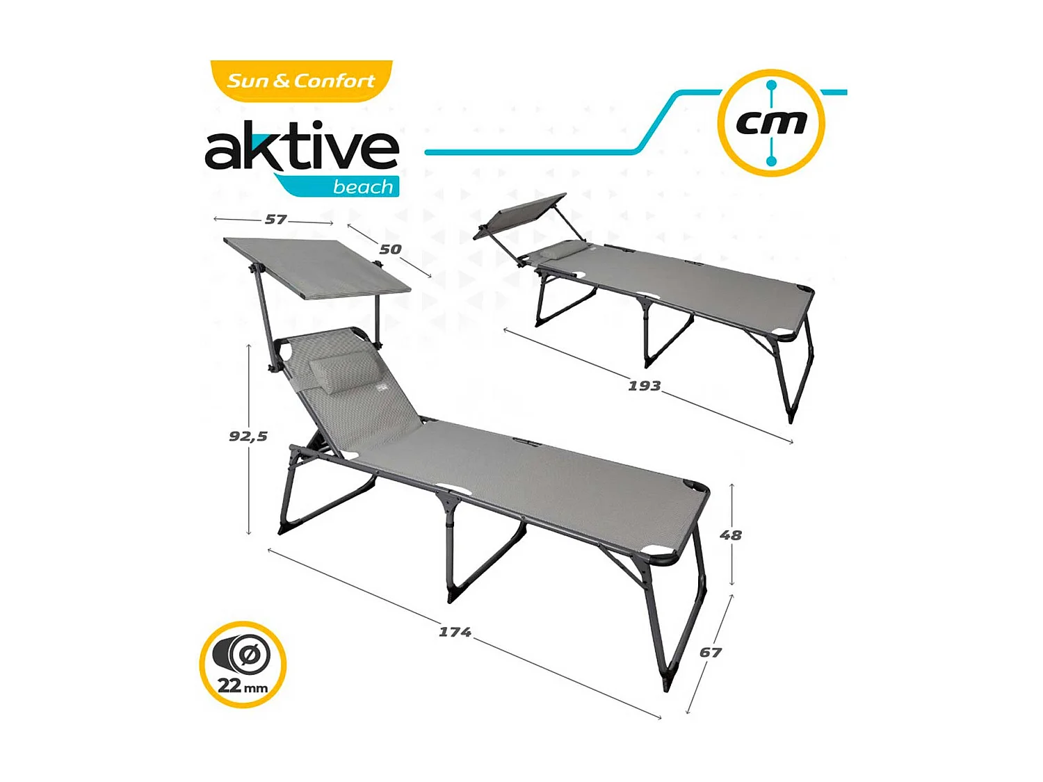 Tumbona XL Aktive Beach 5 posiciones plegable con parasol y cojín gris 48/96x67x193 cm