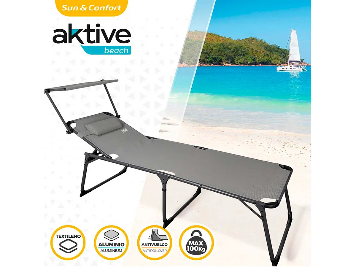 Tumbona XL Aktive Beach 5 posiciones plegable con parasol y cojín gris 48/96x67x193 cm