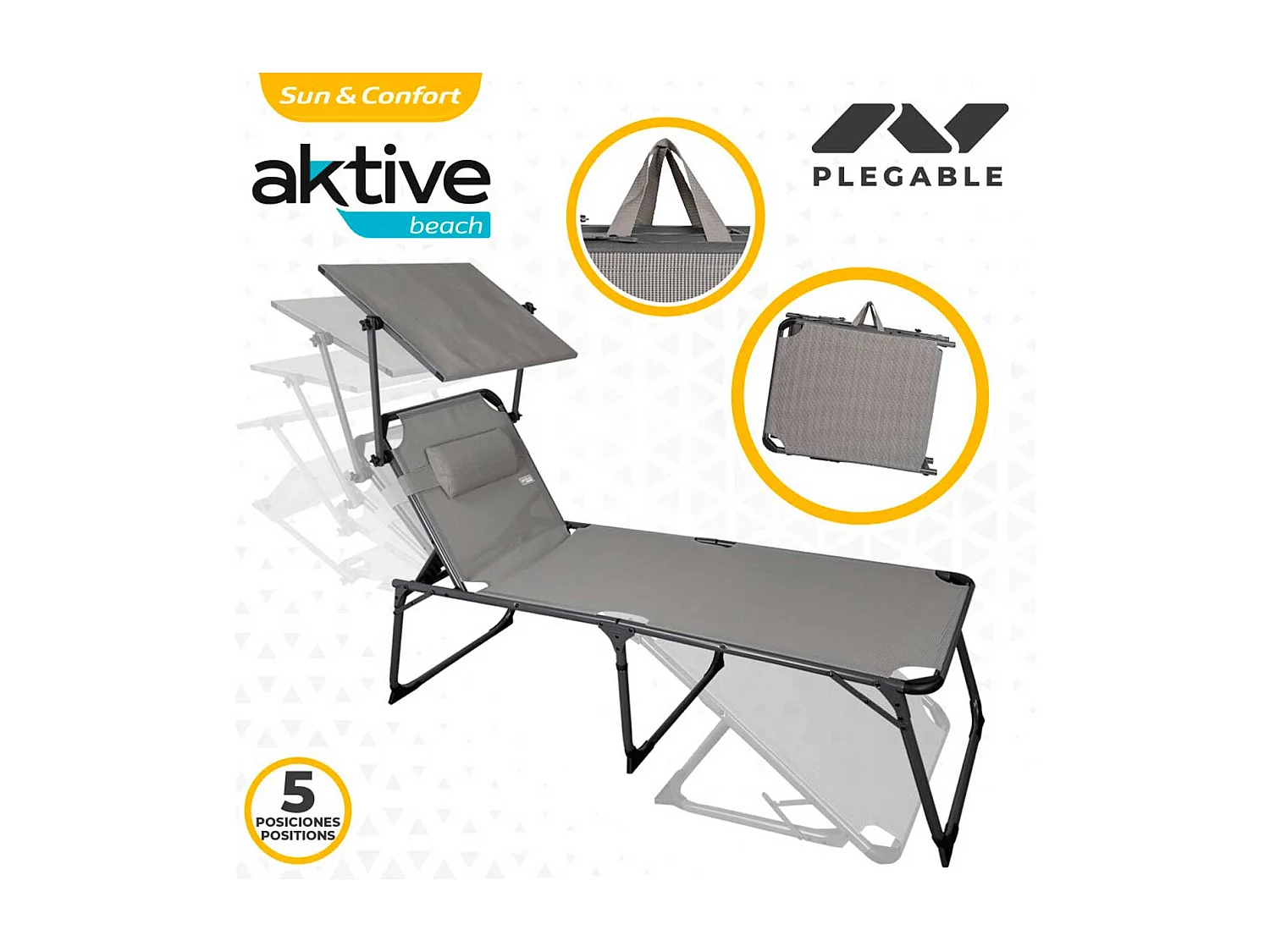 Tumbona XL Aktive Beach 5 posiciones plegable con parasol y cojín gris 48/96x67x193 cm