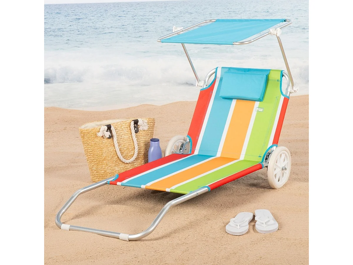 Tumbona de playa Aktive asa de transporte + ruedas + toldo multicolor 62x62x117 cm
