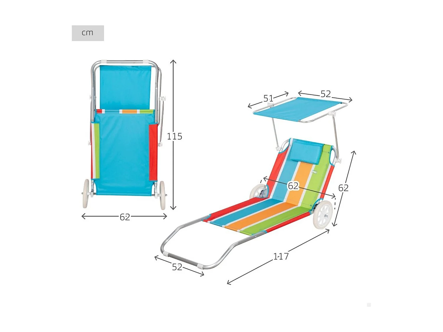 Tumbona de playa Aktive asa de transporte + ruedas + toldo multicolor 62x62x117 cm
