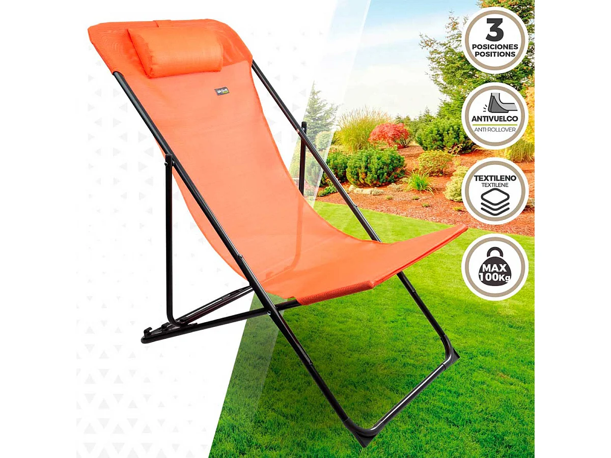 Hamaca plegable Aktive Garden 3 posiciones con reposacabezas naranja