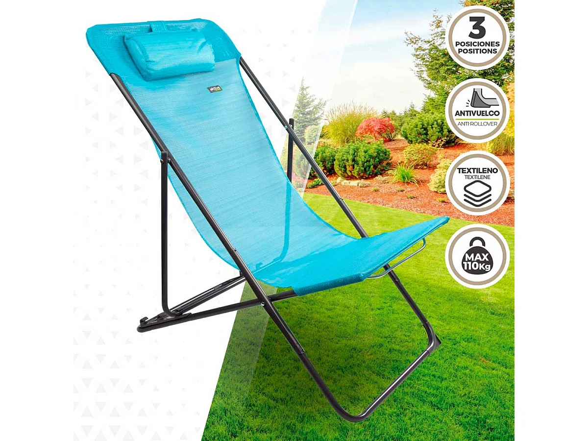 Hamaca plegable Aktive Garden 3 posiciones con reposacabezas azul