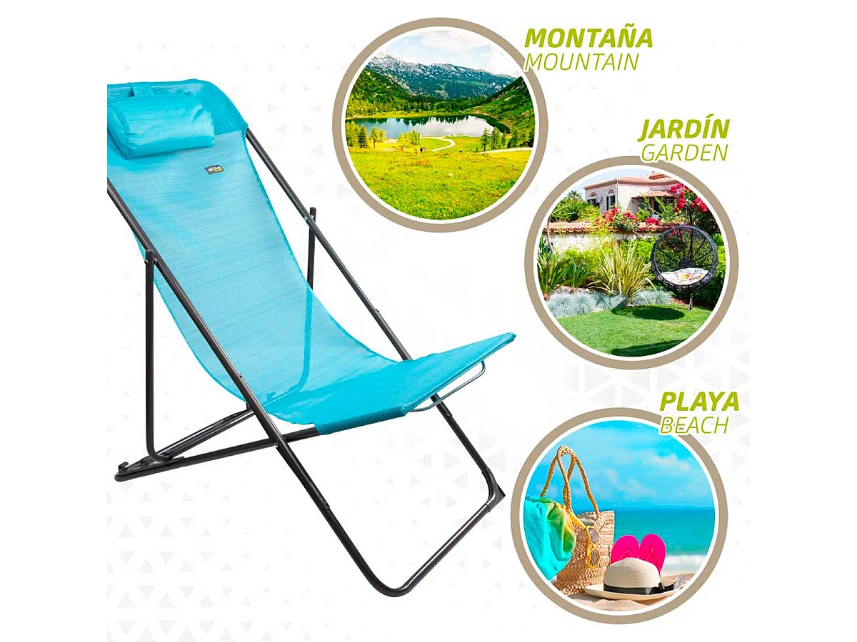 Hamaca plegable Aktive Garden 3 posiciones con reposacabezas azul