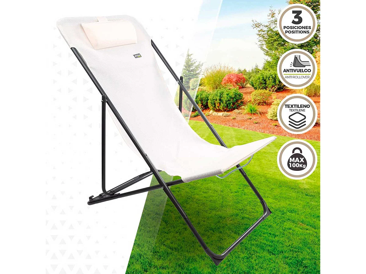 Hamaca plegable Aktive Garden 3 posiciones con reposacabezas blanco