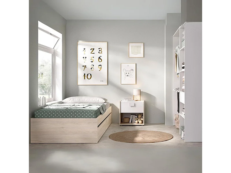 Conjunto de dormitorio Lago Pack 9 cama + mesita + armario vestidor natural
