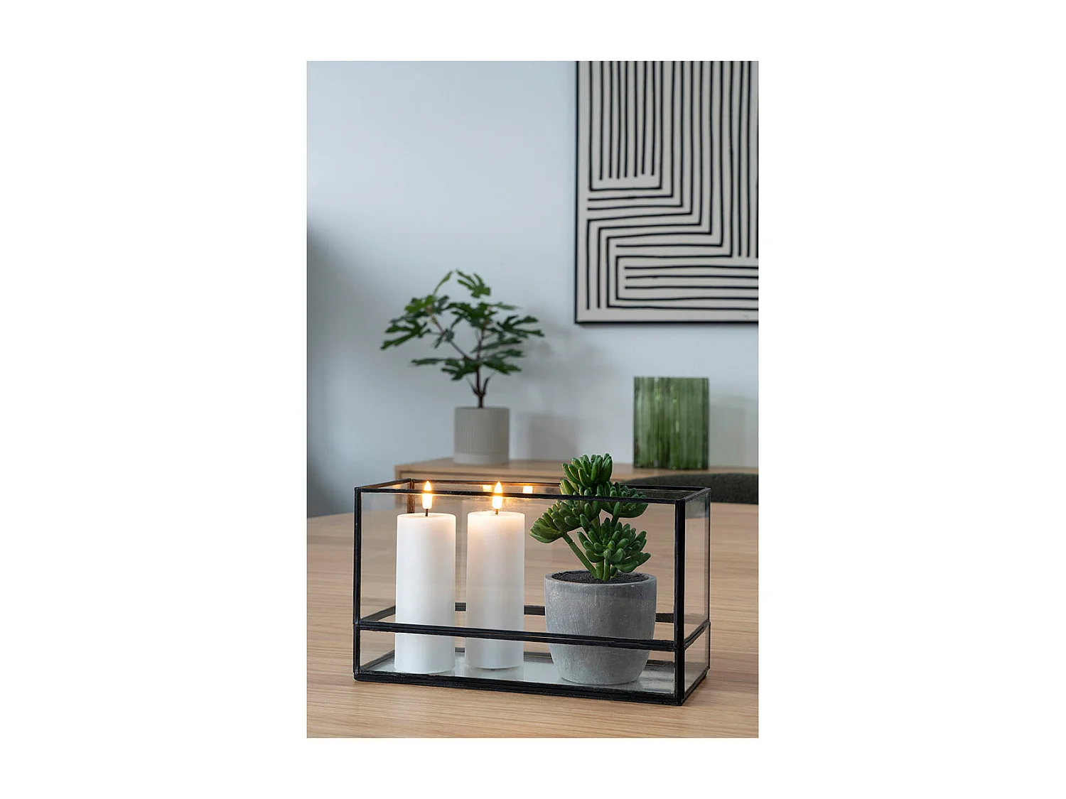 Portavelas de metal negro y cristal 30 x 15 cm