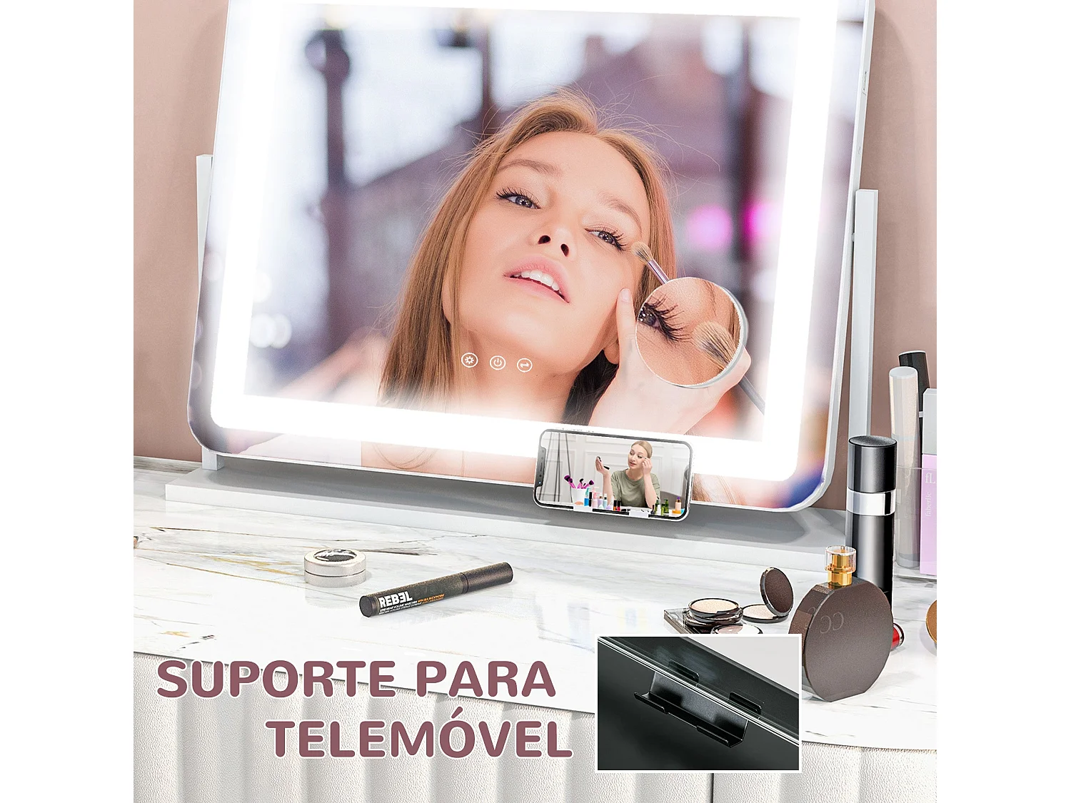 Espelho de Maquilhagem HOMCOM com Luzes LED e Suporte para Telemóvel - Design Giratório 58x46 cm com 3 Modos de Iluminação