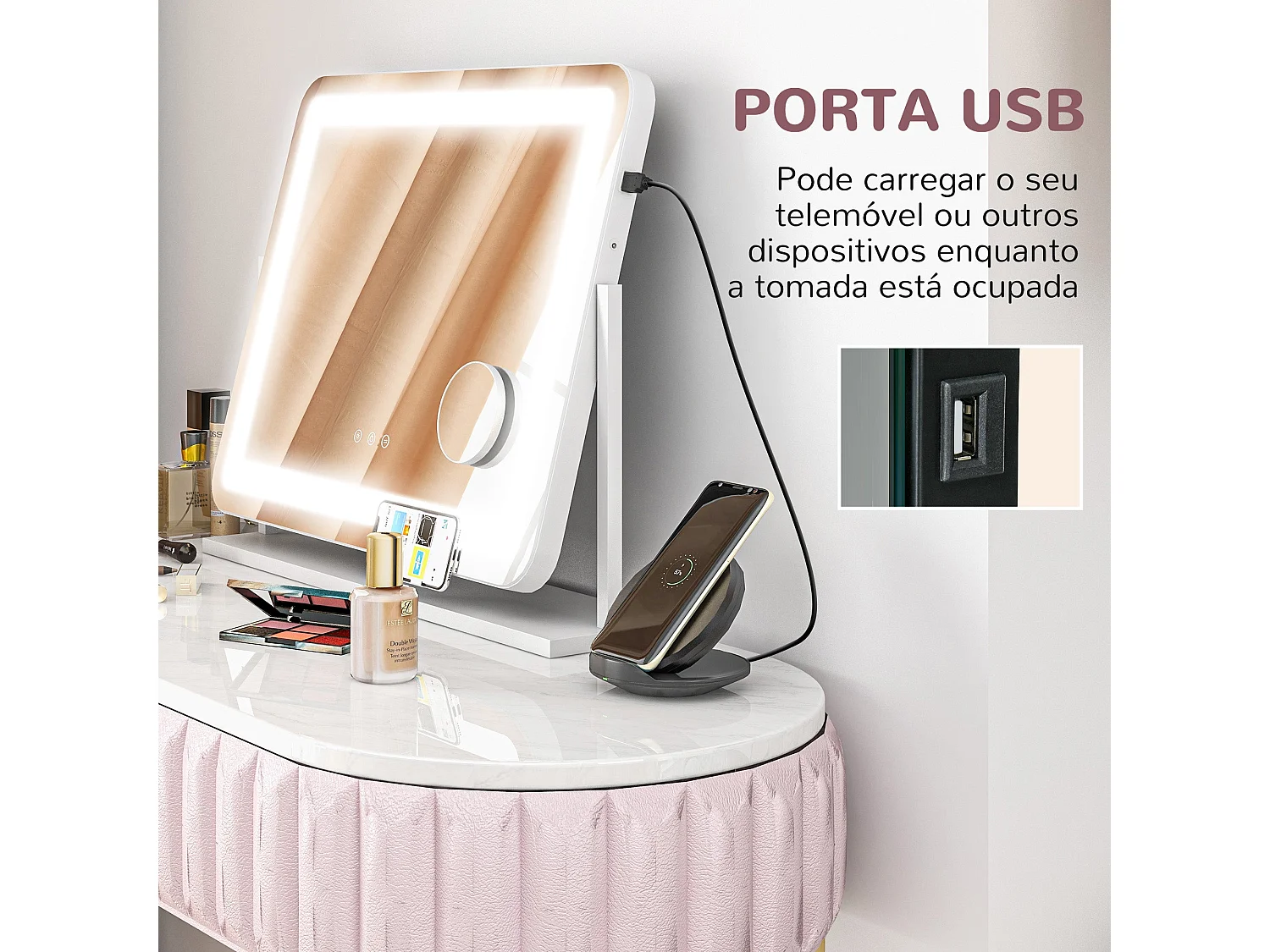 Espelho de Maquilhagem HOMCOM com Luzes LED e Suporte para Telemóvel - Design Giratório 58x46 cm com 3 Modos de Iluminação
