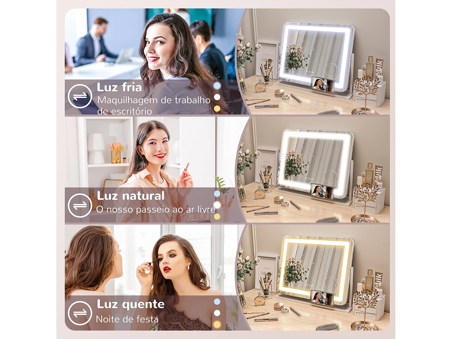 Espelho de Maquilhagem HOMCOM com Luzes LED e Suporte para Telemóvel - Design Giratório 58x46 cm com 3 Modos de Iluminação