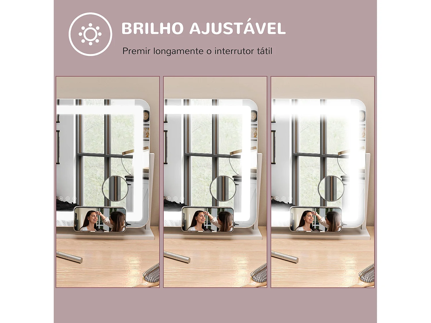 Espelho de Maquilhagem HOMCOM com Luzes LED e Suporte para Telemóvel - Design Giratório 58x46 cm com 3 Modos de Iluminação