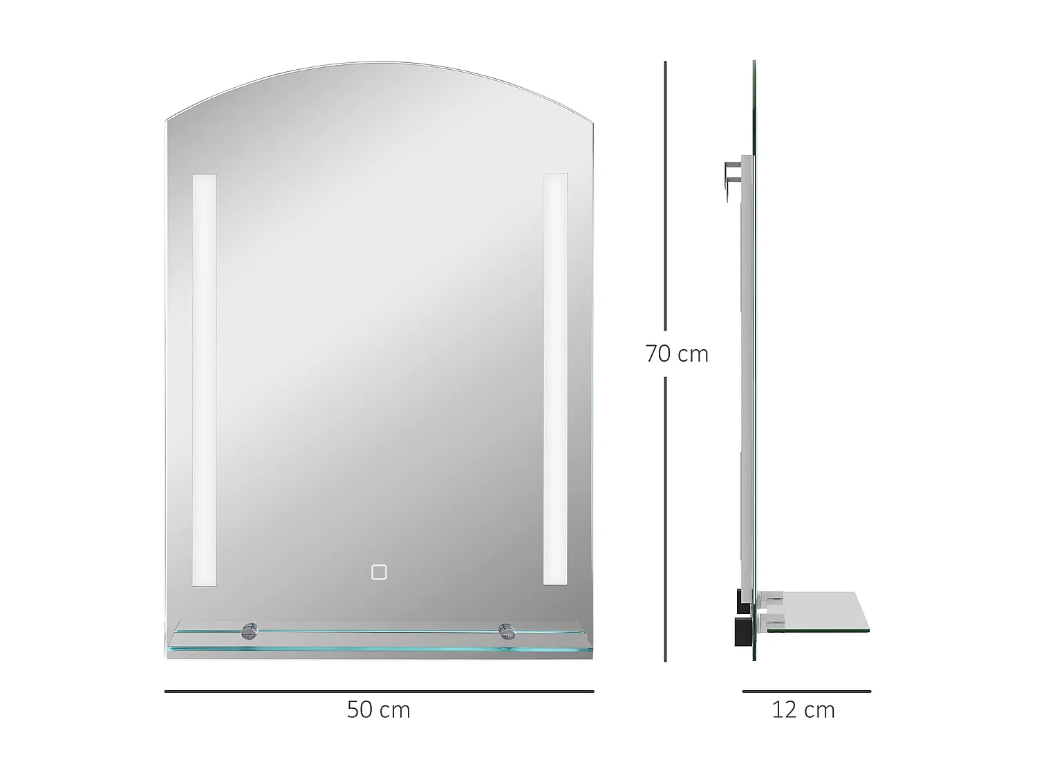 Espelho de Casa de Banho com Luz LED e Prateleira de Vidro - 70x50 cm - kleankin - Prata