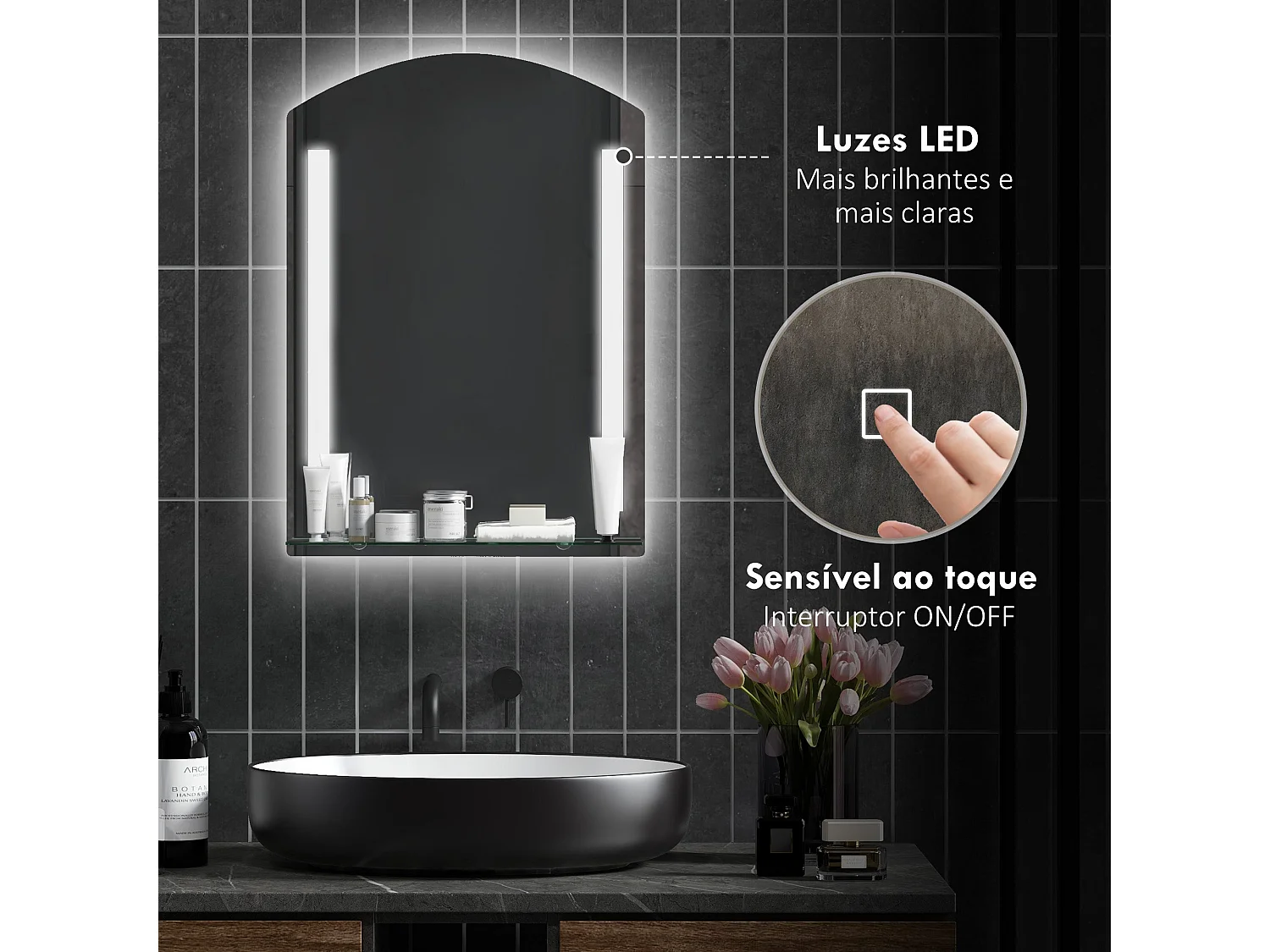 Espelho de Casa de Banho com Luz LED e Prateleira de Vidro - 70x50 cm - kleankin - Prata