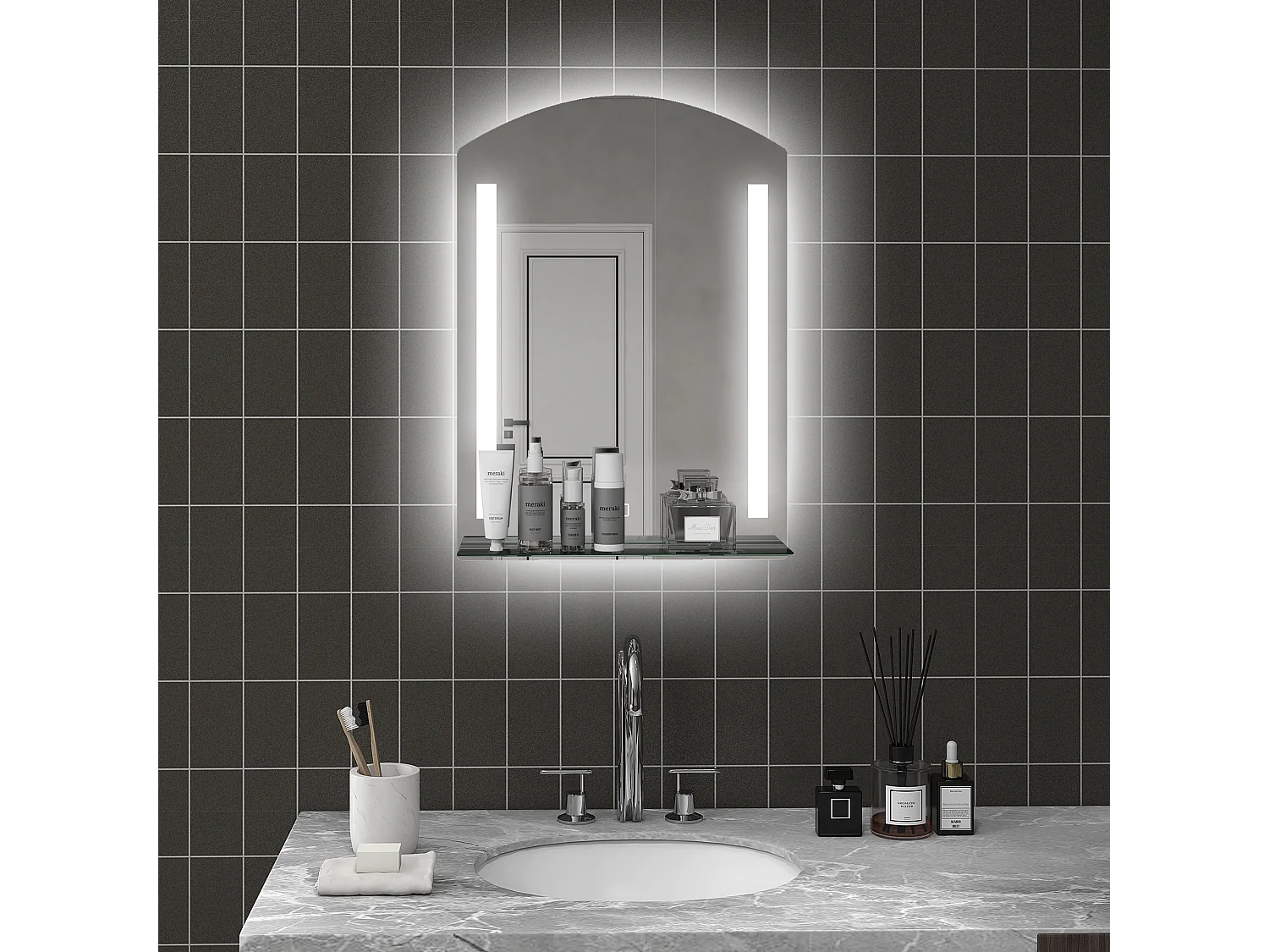 Espelho de Casa de Banho com Luz LED e Prateleira de Vidro - 70x50 cm - kleankin - Prata