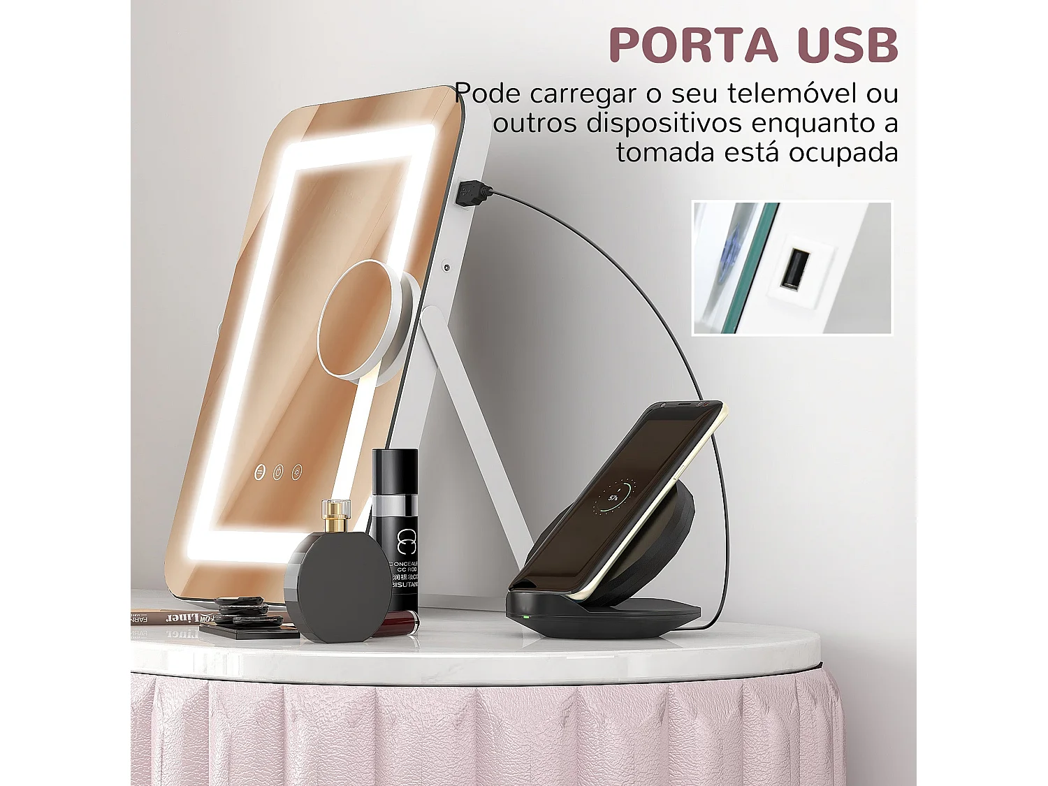 Espelho de Maquilhagem com Luz LED e Entrada USB - HOMCOM Espelho Giratório 30x40 cm com Iluminação Ajustável