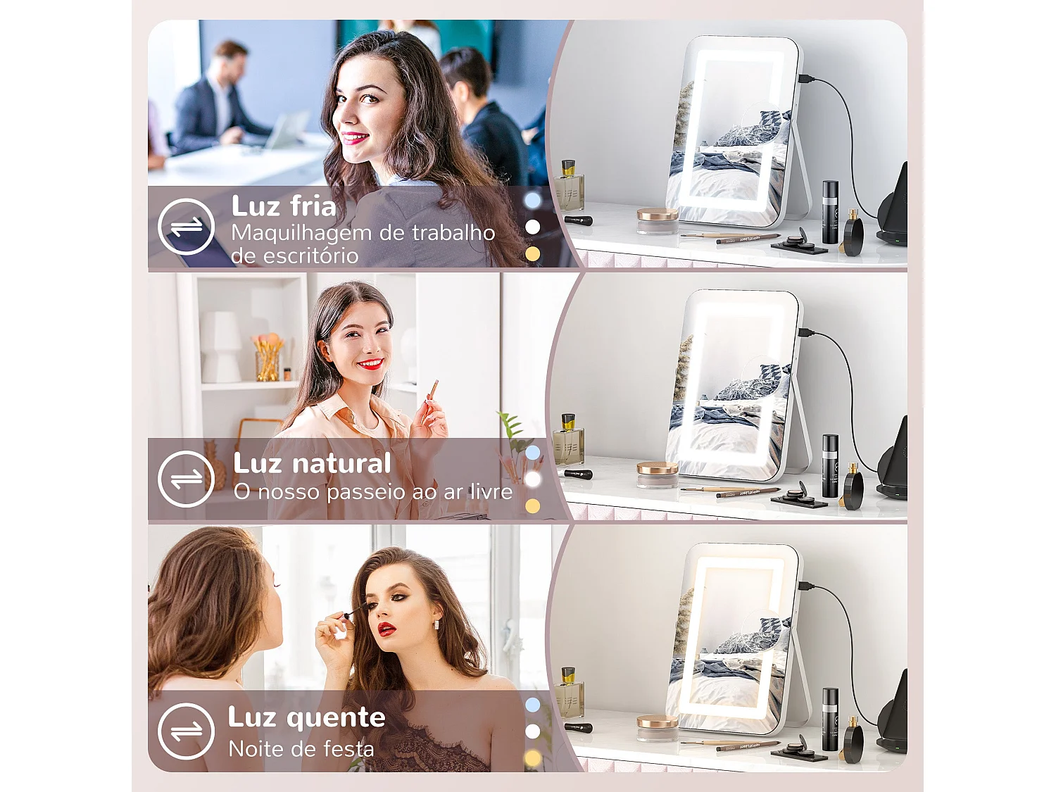 Espelho de Maquilhagem com Luz LED e Entrada USB - HOMCOM Espelho Giratório 30x40 cm com Iluminação Ajustável
