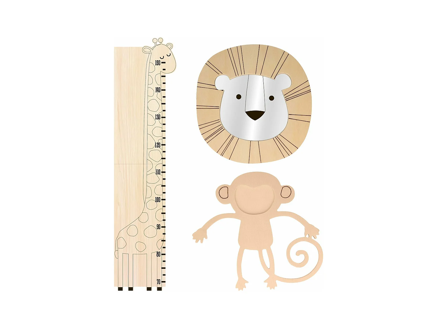 3 decoraciones de pared de madera: mono, león y jirafa
