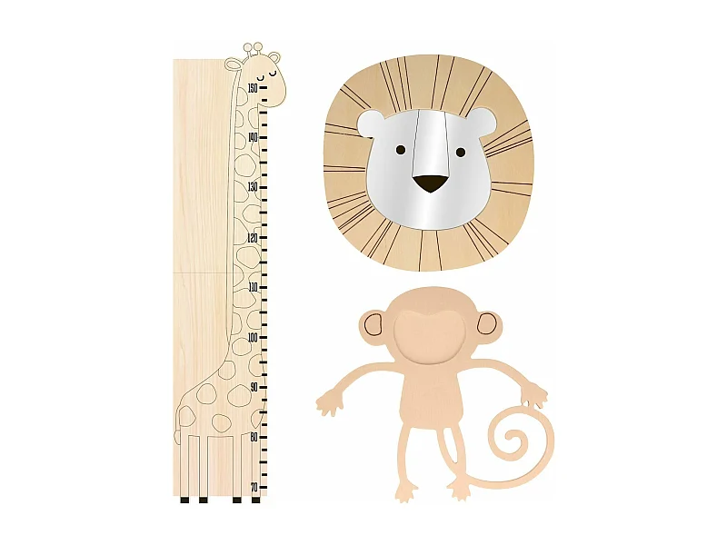 3 decoraciones de pared de madera: mono, león y jirafa