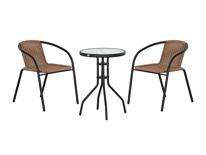 Conjunto de Jardim de Vime com 2 Cadeiras Empilháveis e Mesa Redonda de Vidro para Pátio e Varanda