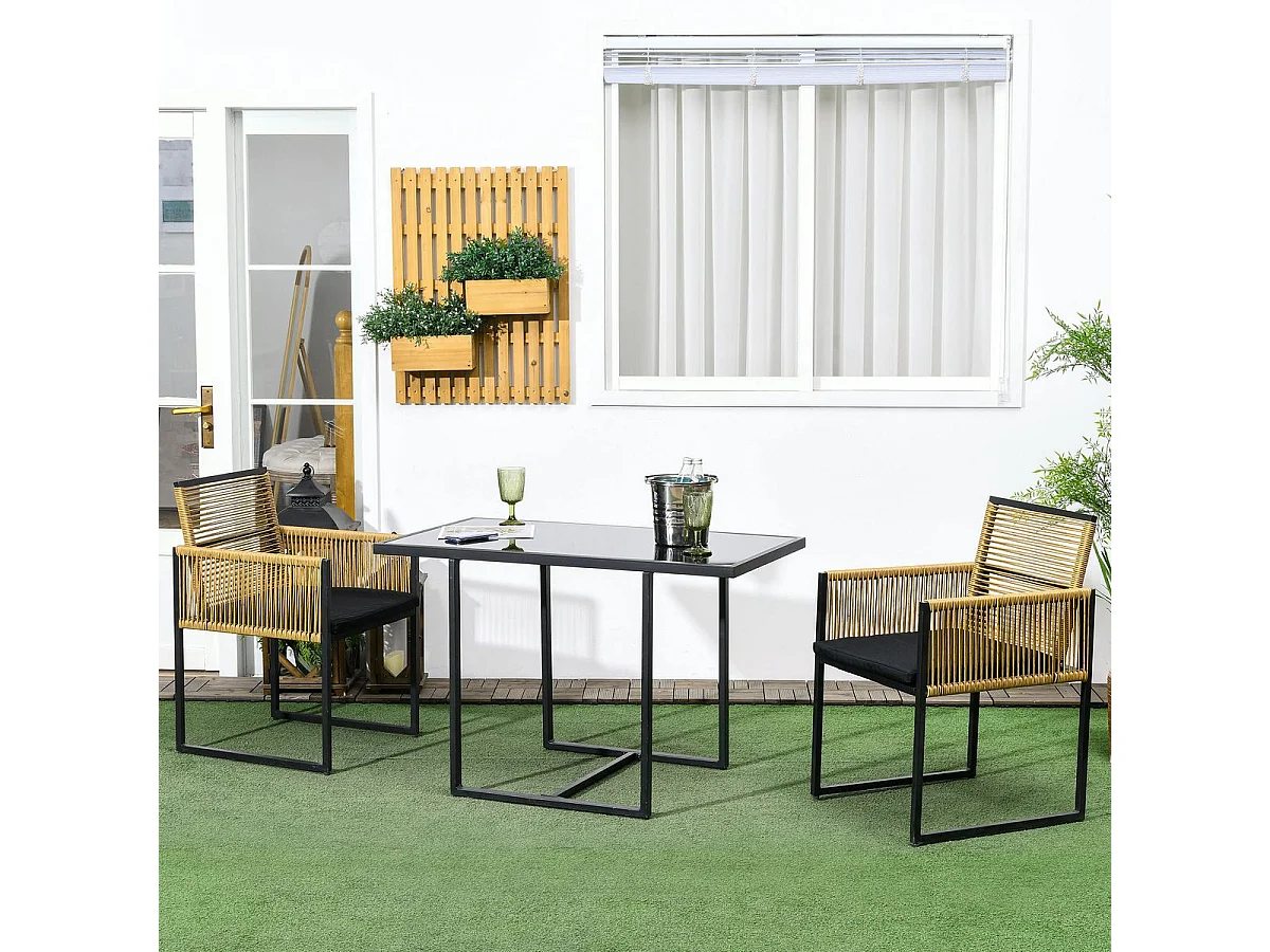 Conjunto de Móveis de Jardim Outsunny com Mesa de Vidro e 2 Cadeiras Dobráveis com Almofadas