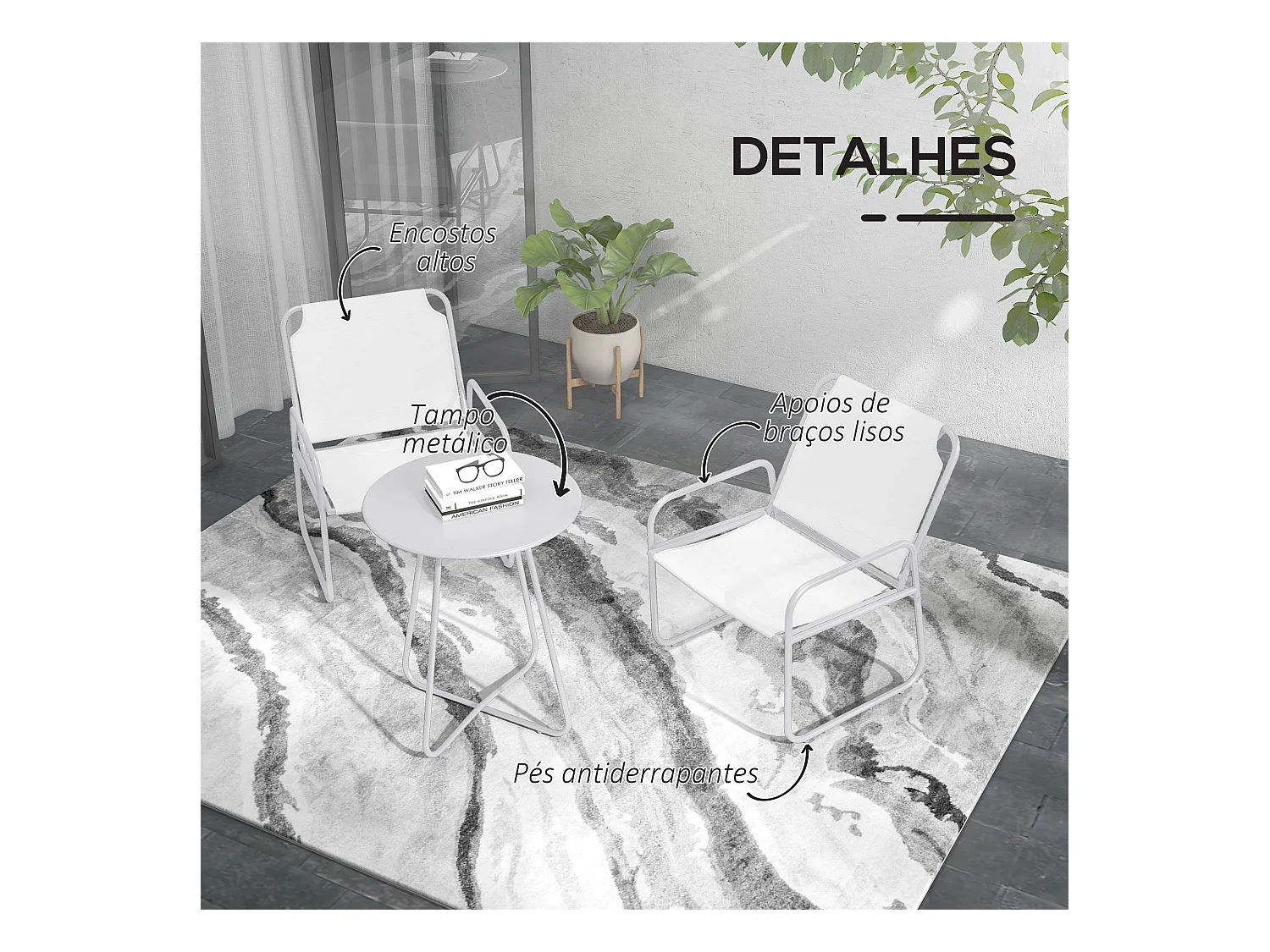 Conjunto de jardín Vega Baja Outsunny 2 sillas + 1 mesa blanco