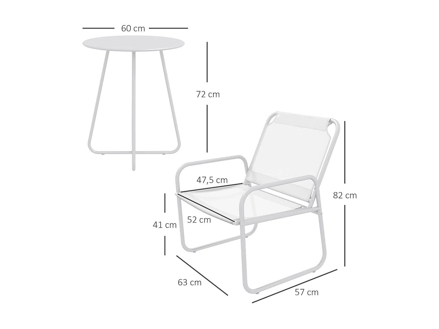 Conjunto de Móveis de Jardim Outsunny: Mesa Redonda e 2 Cadeiras com Almofadas Ajustáveis em Branco