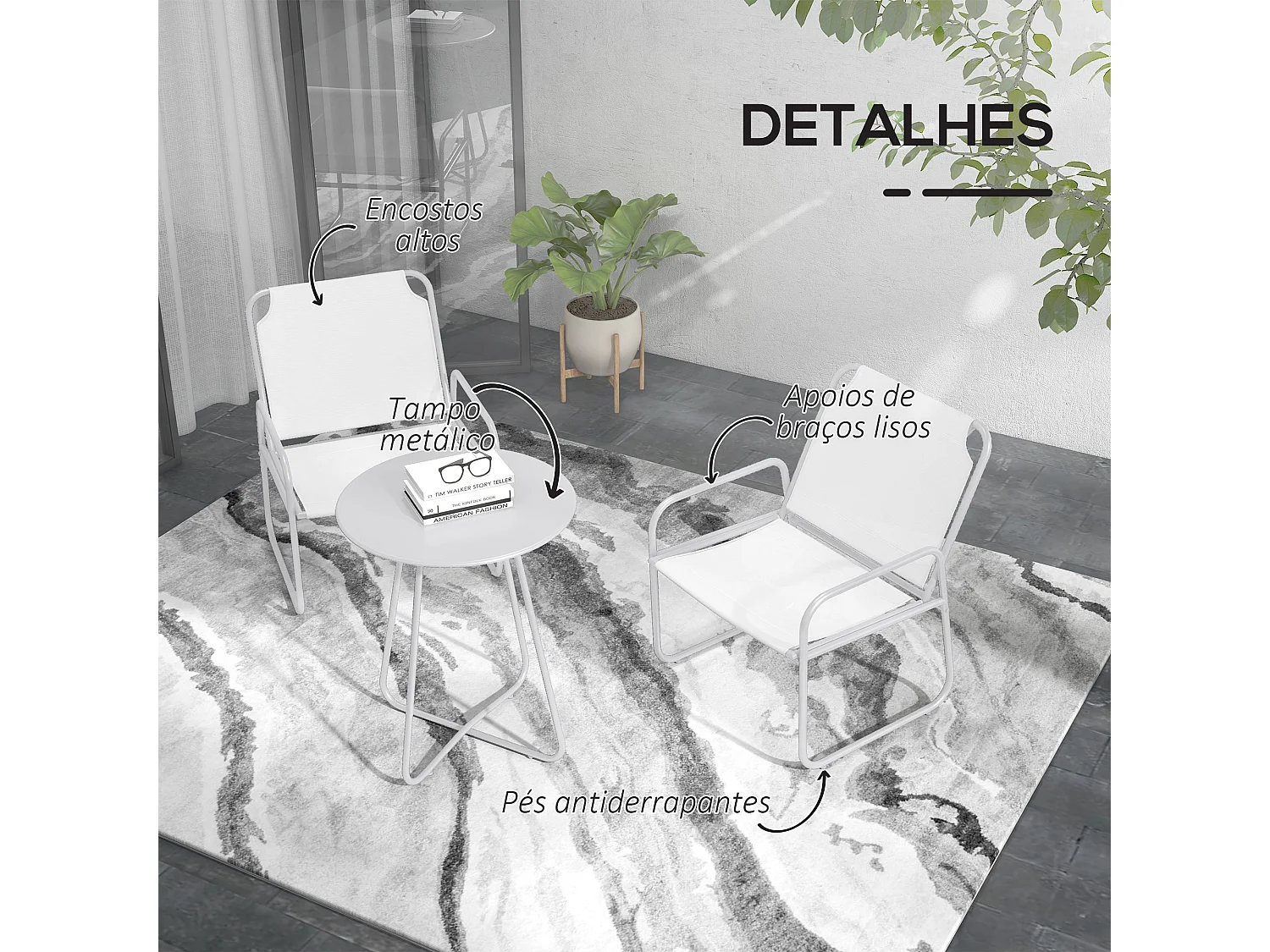 Conjunto de Móveis de Jardim Outsunny: Mesa Redonda e 2 Cadeiras com Almofadas Ajustáveis em Branco