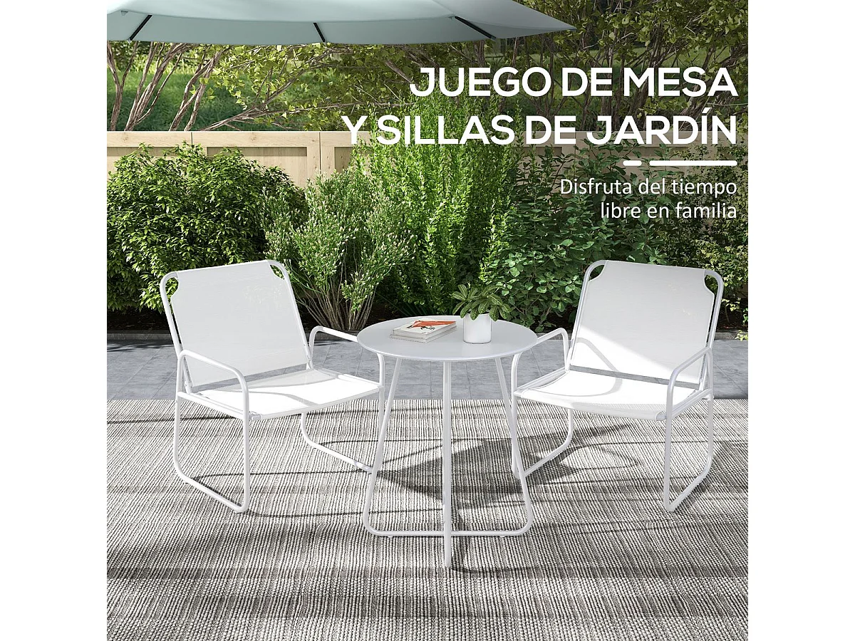 Conjunto de Móveis de Jardim Outsunny: Mesa Redonda e 2 Cadeiras com Almofadas Ajustáveis em Branco