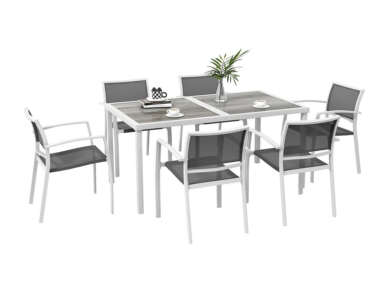 Conjunto de Jantar de Jardim Outsunny 7 Peças com Mesa Retangular e 6 Cadeiras Empilháveis Modernas