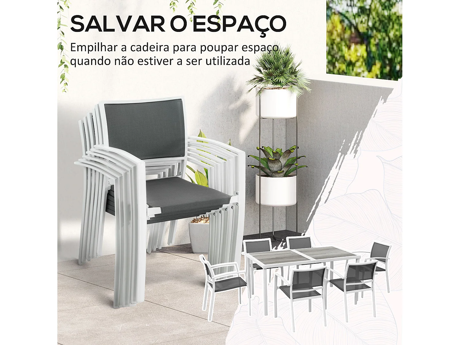 Conjunto de Jantar de Jardim Outsunny 7 Peças com Mesa Retangular e 6 Cadeiras Empilháveis Modernas