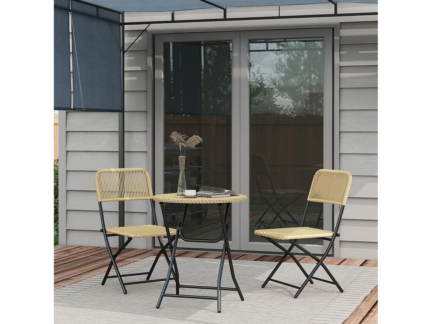 Conjunto de Mesa e Cadeiras de Jardim Outsunny em Vime PE - Móveis Dobráveis de 3 Peças para Exterior