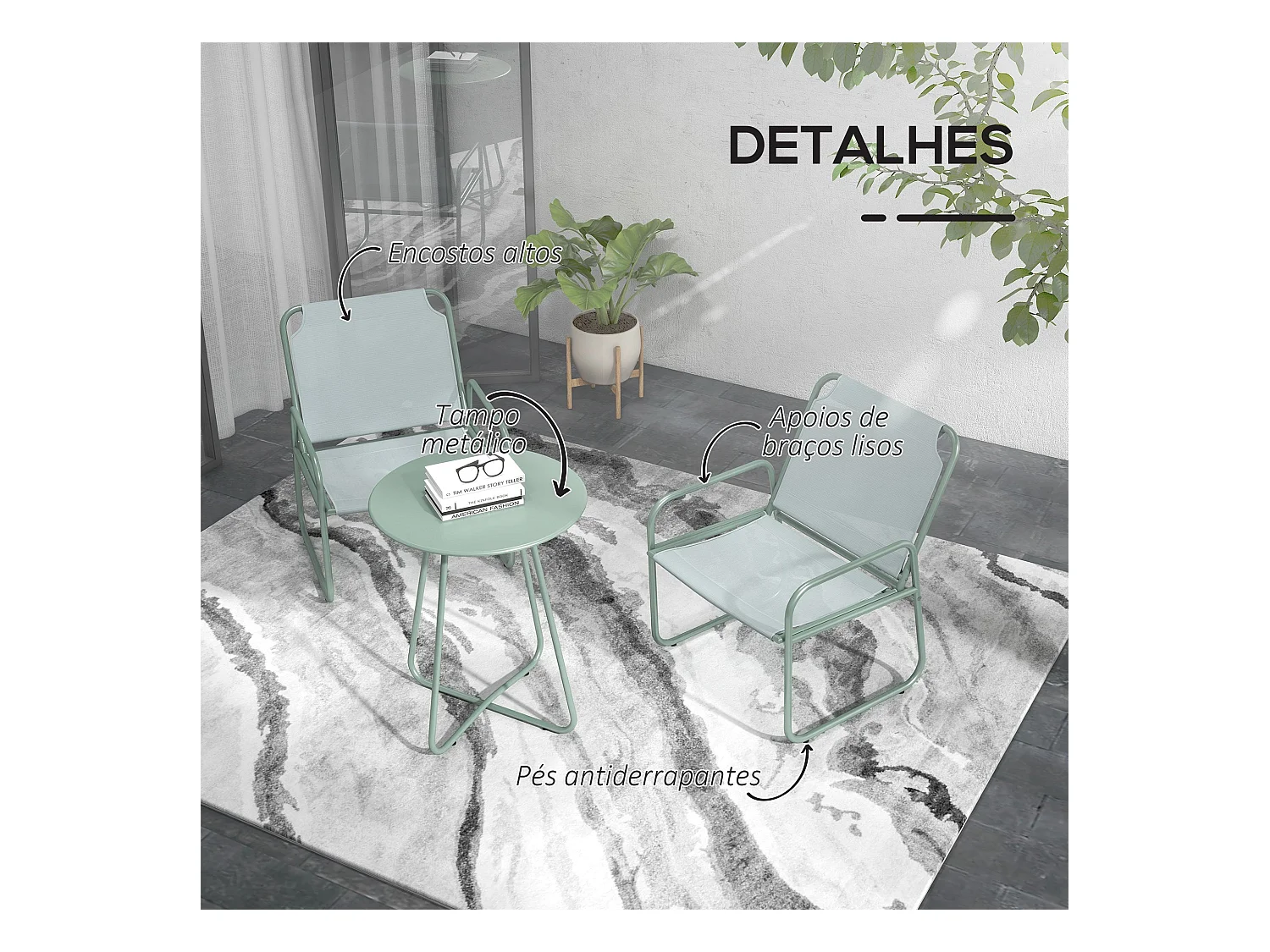 Conjunto de jardín Vega Baja Outsunny 2 sillas + 1 mesa verde