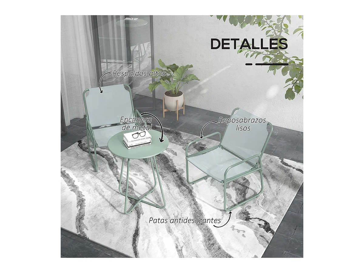 Conjunto de jardín Vega Baja Outsunny 2 sillas + 1 mesa verde