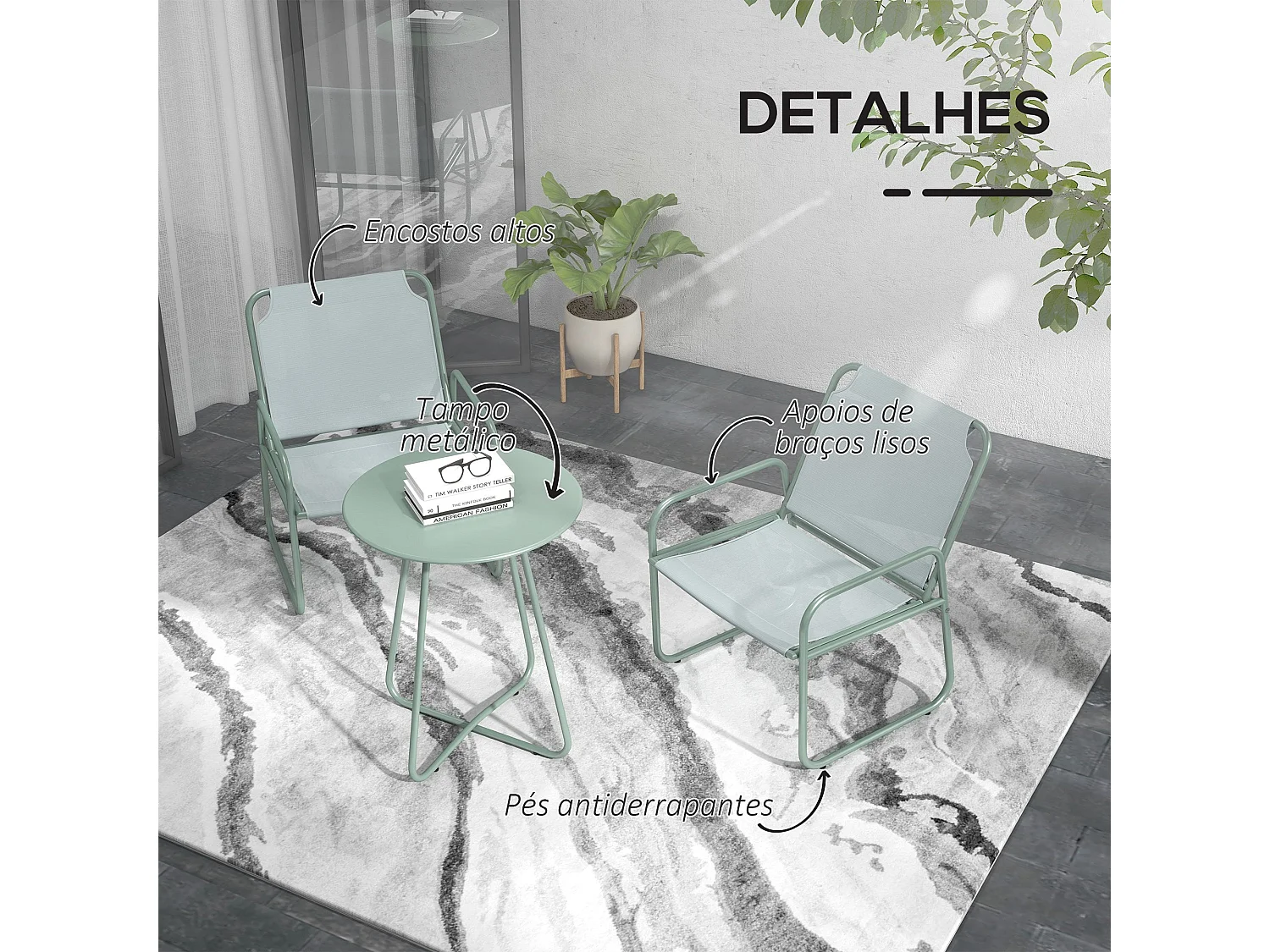 Conjunto de Móveis de Jardim Outsunny: Mesa Redonda e 2 Cadeiras com Almofadas Ajustáveis em Verde