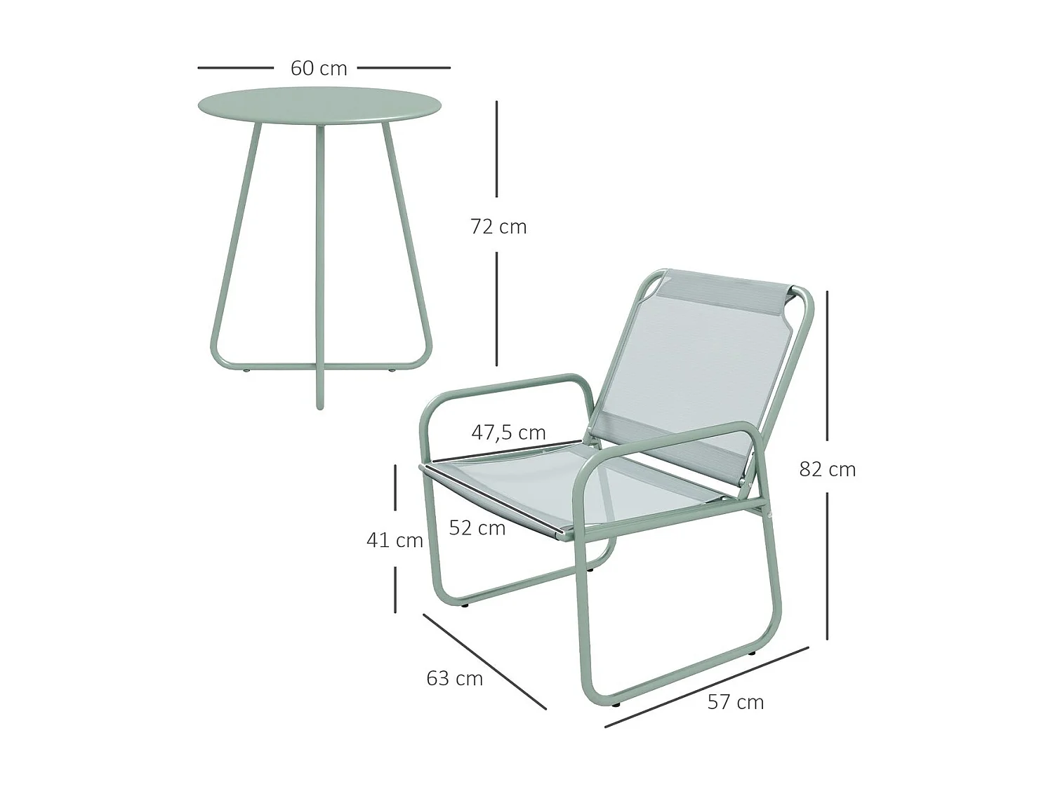 Conjunto de Móveis de Jardim Outsunny: Mesa Redonda e 2 Cadeiras com Almofadas Ajustáveis em Verde