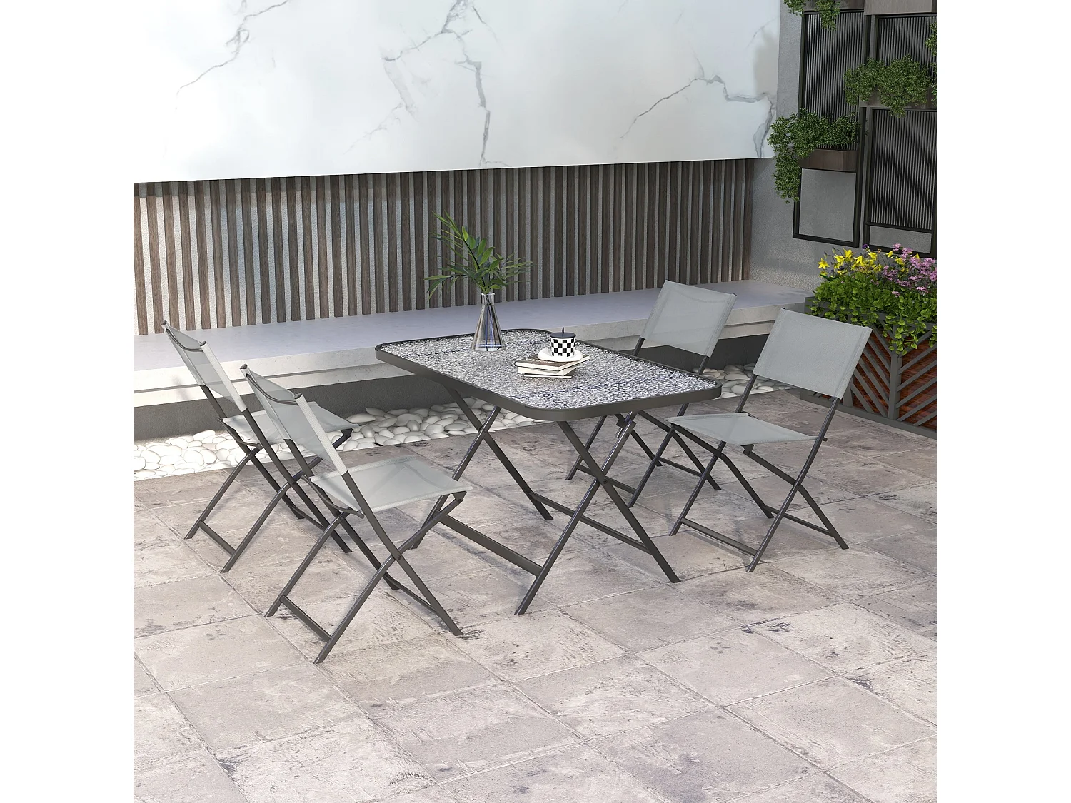 Conjunto de Refeição Outsunny de 5 Peças com Mesa de Vidro Temperado e 4 Cadeiras Dobráveis para Pátio e Varanda em Cinza Moderno
