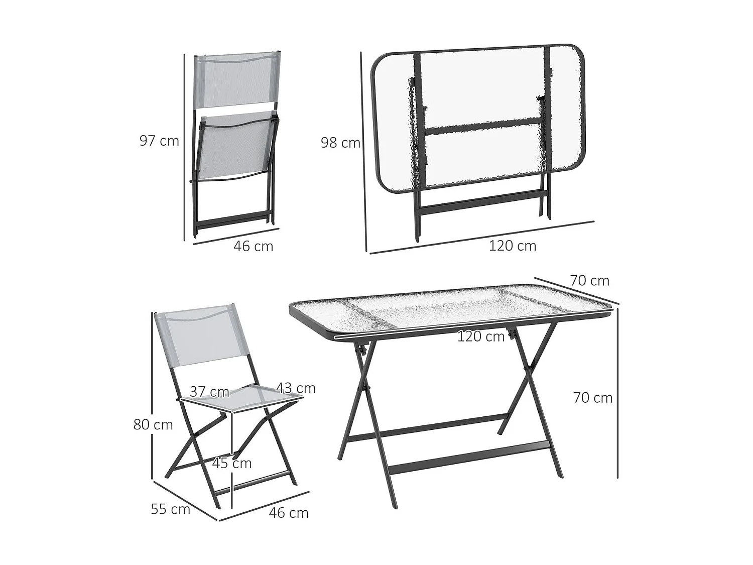 Conjunto de Refeição Outsunny de 5 Peças com Mesa de Vidro Temperado e 4 Cadeiras Dobráveis para Pátio e Varanda em Cinza Moderno