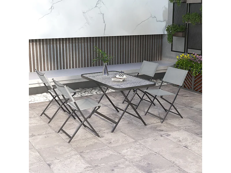 Conjunto de Refeição Outsunny de 5 Peças com Mesa de Vidro Temperado e 4 Cadeiras Dobráveis para Pátio e Varanda em Cinza Moderno
