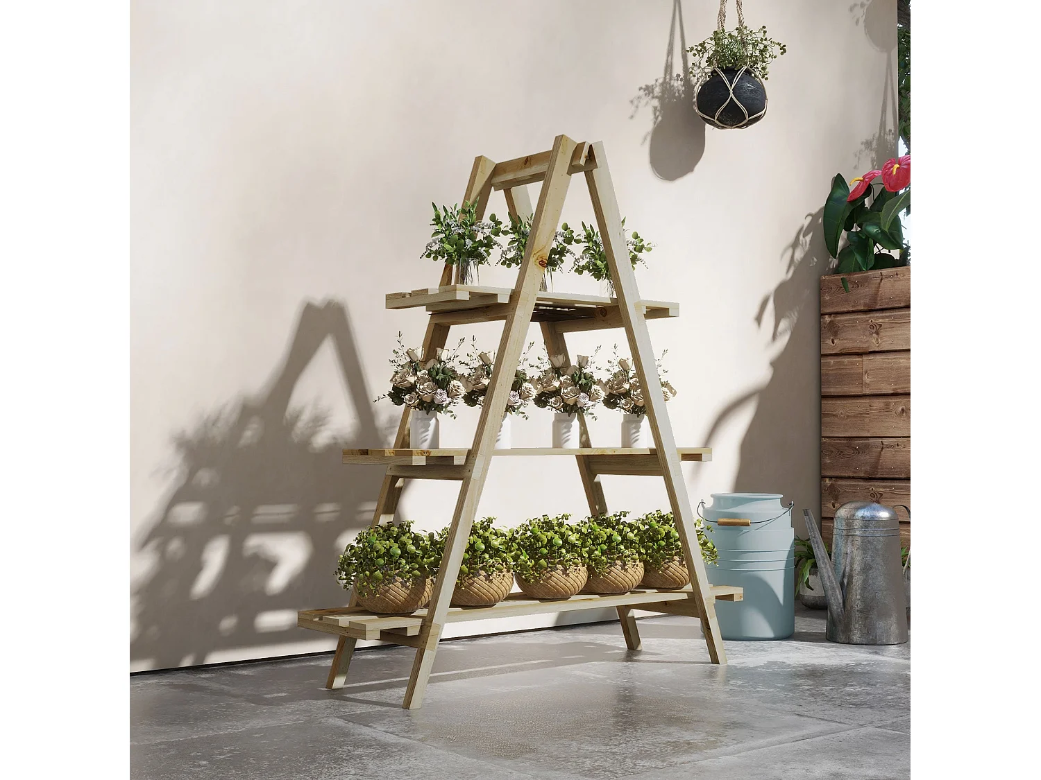 Suporte de Madeira Dobrável para Plantas Outsunny - Estante Decorativa de 3 Níveis para Jardim, Pátio e Varanda 100x36x112 cm Natural