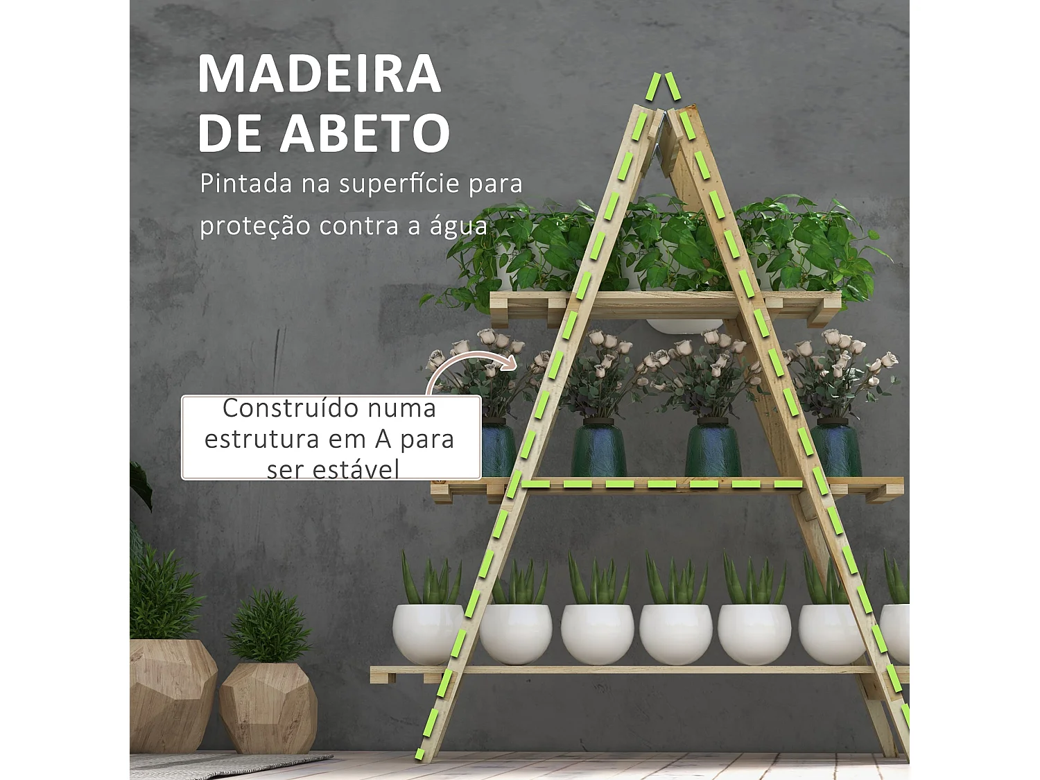 Suporte de Madeira Dobrável para Plantas Outsunny - Estante Decorativa de 3 Níveis para Jardim, Pátio e Varanda 100x36x112 cm Natural