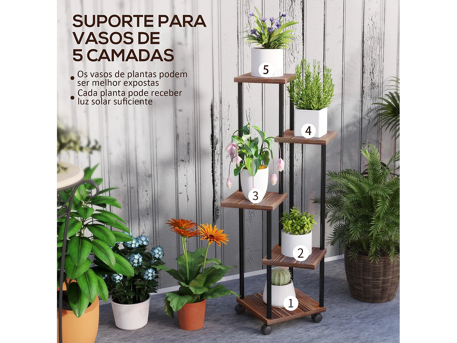 Suporte para Plantas de 5 Níveis - Estrutura em Aço e Madeira para Interior e Exterior com Rodas